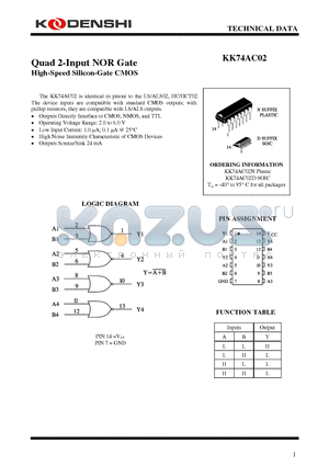 KK74AC02 datasheet - Quad 2-Input NOR Gate High-Speed Silicon-Gate CMOS