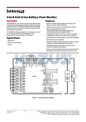 ISL94203 datasheet - 3-to-8 Cell Li-ion Battery Pack Monitor