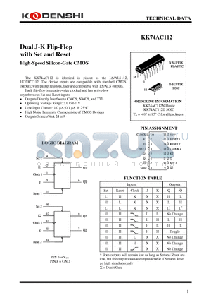 KK74AC112N datasheet - Dual J-K Flip-Flop with Set and Reset High-Speed Silicon-Gate CMOS