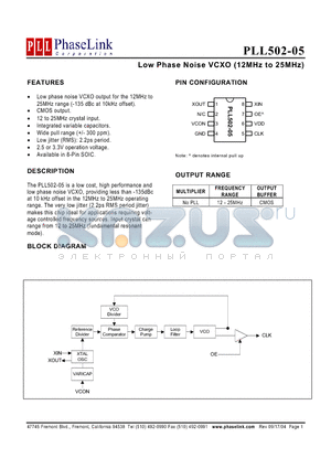PLL502-05SC datasheet - Low Phase Noise VCXO (12MHz to 25MHz)