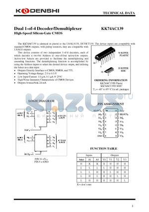 KK74AC139D datasheet - Dual 1-of-4 Decoder/Demultiplexer High-Speed Silicon-Gate CMOS