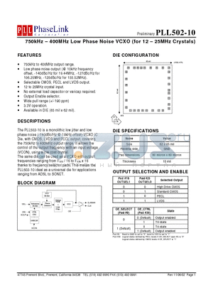 PLL502-10DI datasheet - 750kHz - 400MHz Low Phase Noise VCXO (for 12 - 25MHz Crystals)