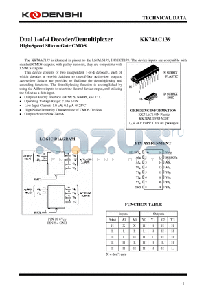 KK74AC139N datasheet - Dual 1-of-4 Decoder/Demultiplexer High-Speed Silicon-Gate CMOS