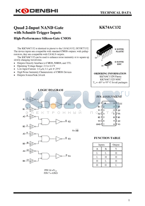 KK74AC132N datasheet - Quad 2-Input NAND Gate with Schmitt-Trigger Inputs High-Performance Silicon-Gate CMOS