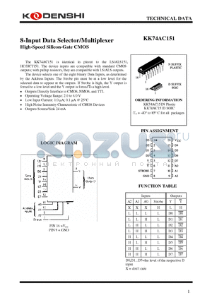 KK74AC151D datasheet - 8-Input Data Selector/Multiplexer High-Speed Silicon-Gate CMOS