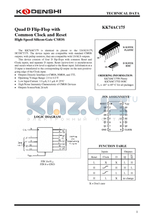 KK74AC175 datasheet - Quad D Flip-Flop with Common Clock and Reset High-Speed Silicon-Gate CMOS