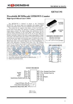 KK74AC192N datasheet - Presettable BCD/Decade UP/DOWN Counter High-Speed Silicon-Gate CMOS