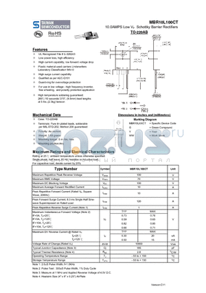 MBR10L100CT datasheet - 10.0AMPS Low VF Schottky Barrier Rectifiers