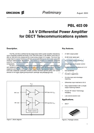 PBL40309 datasheet - 3.6 V Differential Power Amplifier for DECT Telecommunications system