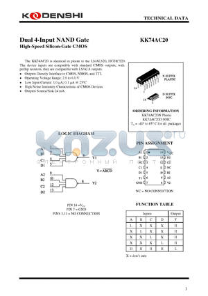 KK74AC20 datasheet - Dual 4-Input NAND Gate High-Speed Silicon-Gate CMOS