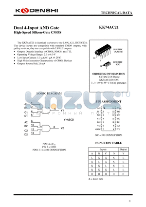 KK74AC21N datasheet - Dual 4-Input AND Gate High-Speed Silicon-Gate CMOS