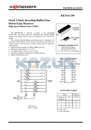 KK74AC240N datasheet - Octal 3-State Inverting Buffer/Line Driver/Line Receiver High-Speed Silicon-Gate CMOS
