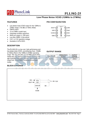 PLL502-25SC-R datasheet - Low Phase Noise VCXO (12MHz to 27MHz)