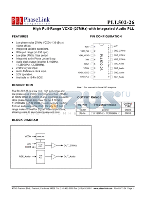 PLL502-26 datasheet - High Pull-Range VCXO (27MHz) with integrated Audio PLL