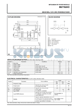 M67760HC datasheet - 896-941MHz, 12.5V, 20W, FM MOBILE RADIO