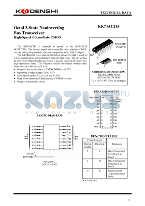 KK74AC245N datasheet - Octal 3-State Noninverting Bus Transceiver High-Speed Silicon-Gate CMOS