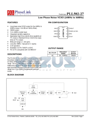 PLL502-27XOC datasheet - Low Phase Noise VCXO (24MHz to 50MHz)