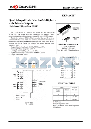 KK74AC257D datasheet - Quad 2-Input Data Selector/Multiplexer with 3-State Outputs High-Speed Silicon-Gate CMOS