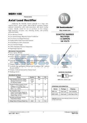 MBR1100RL datasheet - SCHOTTKY BARRIER RECTIFIER 1.0 AMPERE 100 VOLTS