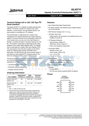 ISL95711 datasheet - Terminal Voltage 3V or 5V, 128 Taps I2C Serial Interface