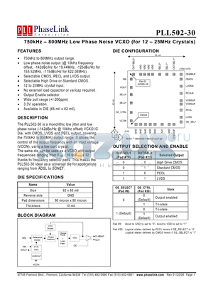 PLL502-30DC datasheet - 750kHz - 800MHz Low Phase Noise VCXO (for 12 - 25MHz Crystals)