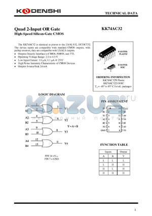KK74AC32N datasheet - Quad 2-Input OR Gate High-Speed Silicon-Gate CMOS