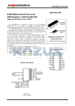 KK74AC299N datasheet - 8-Bit Bidirectional Universal Shift Register with Parallel I/O High-Speed Silicon-Gate CMOS