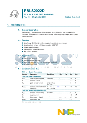 PBLS2022D datasheet - 20 V, 1.8 A PNP BISS loadswitch