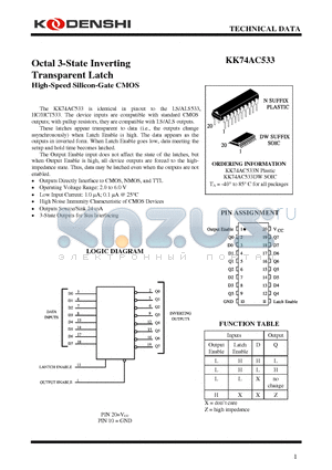 KK74AC533DW datasheet - Octal 3-State Inverting Transparent Latch High-Speed Silicon-Gate CMOS