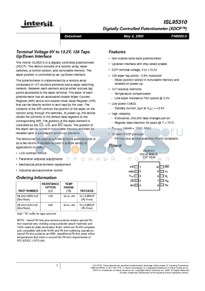 ISL95310 datasheet - Terminal Voltage 0V to 13.2V, 128 Taps Up/Down Interface