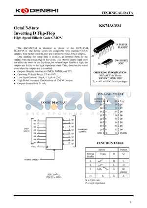 KK74AC534DW datasheet - Octal 3-State Inverting D Flip-Flop High-Speed Silicon-Gate CMOS