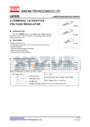 LM78XXL-T2Q-T datasheet - 3-TERMINAL 1A POSITIVE VOLTAGE REGULATOR