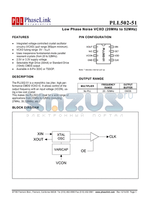PLL502-51HSCL-R datasheet - Low Phase Noise VCXO (20MHz to 52MHz)