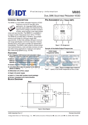 M685-01-BB-BD datasheet - DUAL SAW, SELECTABLE FREQUENCY VCSO