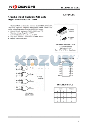 KK74AC86D datasheet - Quad 2-Input Exclusive OR Gate High-Speed Silicon-Gate CMOS