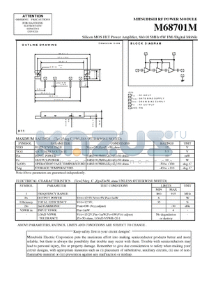 M68701M datasheet - Silicon MOS FET Power Amplifier, 860-915MHz 6W FM /Digital Mobile