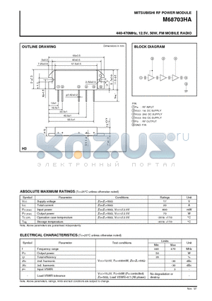 M68703 datasheet - 440-470mhZ, 12.5v, 50w, fm mobile radio