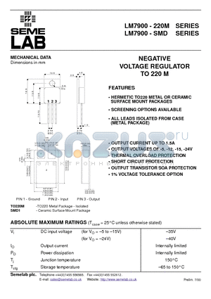 LM7900-220M datasheet - NEGATIVE VOLTAGE REGULATOR