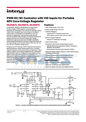 ISL95874 datasheet - PWM DC/DC Controller with VID Inputs for Portable GPU Core-Voltage Regulator