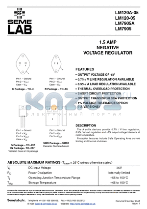 LM7905 datasheet - 1.5 AMP NEGATIVE VOLTAGE REGULATOR