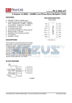 PLL502-67SQI datasheet - 4 Outputs 12.5MHz - 200MHz Low Phase Noise Multiplier VCXO