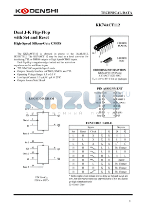 KK74ACT112 datasheet - Dual J-K Flip-Flop with Set and Reset High-Speed Silicon-Gate CMOS