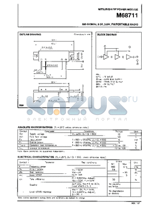 M68711 datasheet - 889-915MHz, 9.3V, 3.8W, FM PORTABLE RADIO