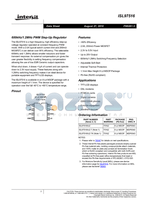 ISL97516IUZ datasheet - 600kHz/1.2MHz PWM Step-Up Regulator