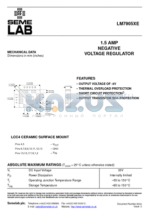 LM7905XE datasheet - 1.5 AMP NEGATIVE VOLTAGE REGULATOR