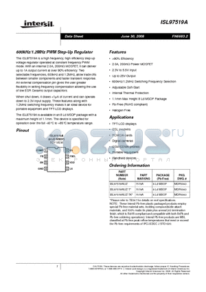 ISL97519A datasheet - 600kHz/1.2MHz PWM Step-Up Regulator