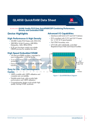 QL4058-0PQ208C datasheet - 58,000 Usable PLD Gate QuickRAM ESP Combining Performance, Density and Embedded RAM