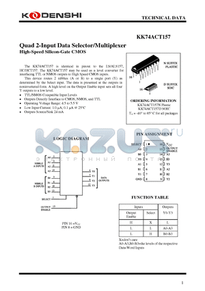 KK74ACT157D datasheet - Quad 2-Input Data Selector/Multiplexer High-Speed Silicon-Gate CMOS