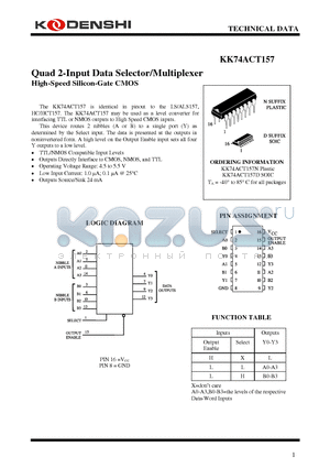 KK74ACT157N datasheet - Quad 2-Input Data Selector/Multiplexer High-Speed Silicon-Gate CMOS