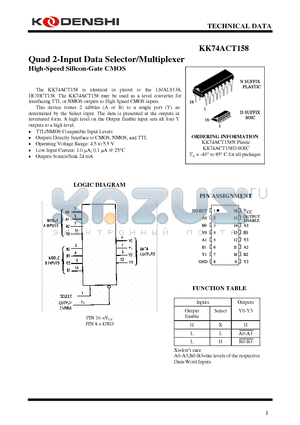 KK74ACT158 datasheet - Quad 2-Input Data Selector/Multiplexer High-Speed Silicon-Gate CMOS